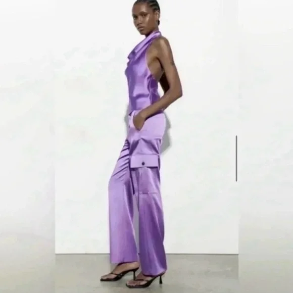 Zara Satin Lavender Cargo Pants Silky Straight Leg Utility Trousers Size XS - Picture 4 of 8